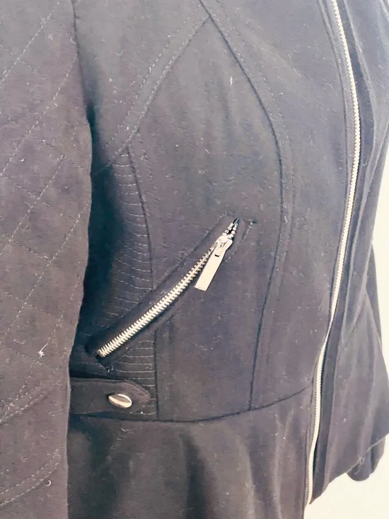 Blanc Noir Black Moto Jacket Peplum Zip Front Fitted Size M Chic - Picture 8 of 14